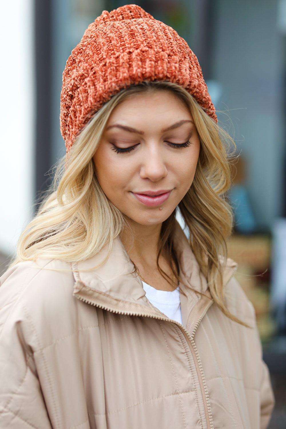 Rust Knit Velvet Chenille Fold Over Beanie - Coeur de la Mode