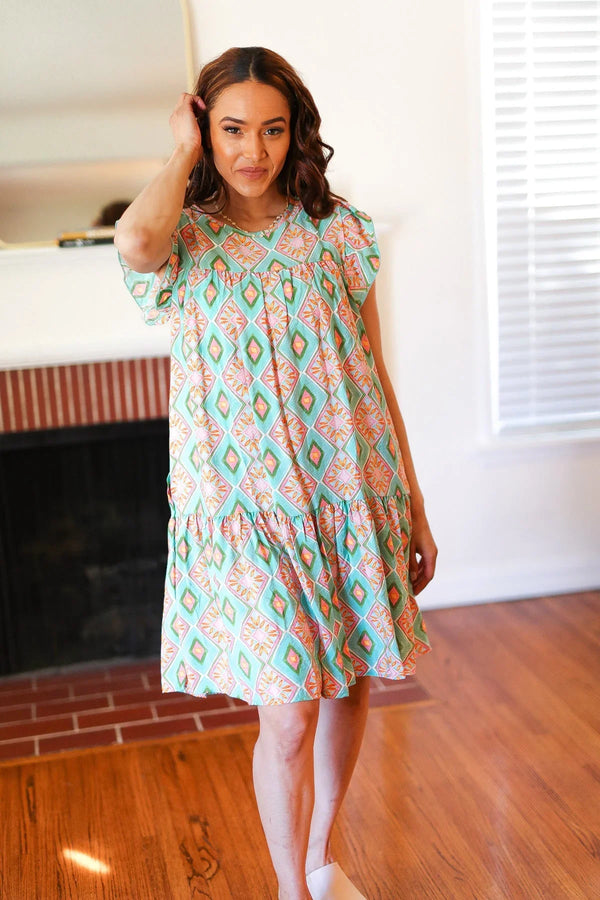 Mint Geo Boho Print Yoke Poplin Woven Dress - Coeur de la Mode