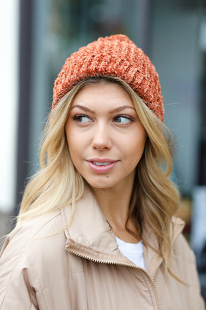 Rust Knit Velvet Chenille Fold Over Beanie - Coeur de la Mode