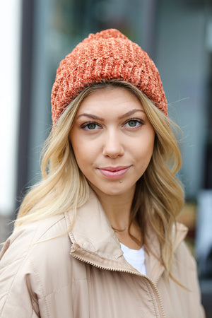 Rust Knit Velvet Chenille Fold Over Beanie - Coeur de la Mode