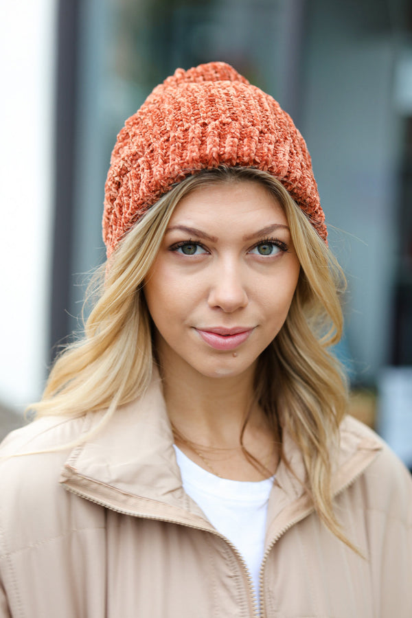 Rust Knit Velvet Chenille Fold Over Beanie - Coeur de la Mode