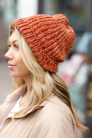 Rust Knit Velvet Chenille Fold Over Beanie - Coeur de la Mode