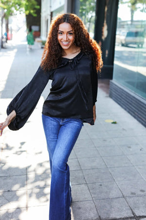 Live For Today Black Woven Front Tie Silky Blouse - Coeur de la Mode