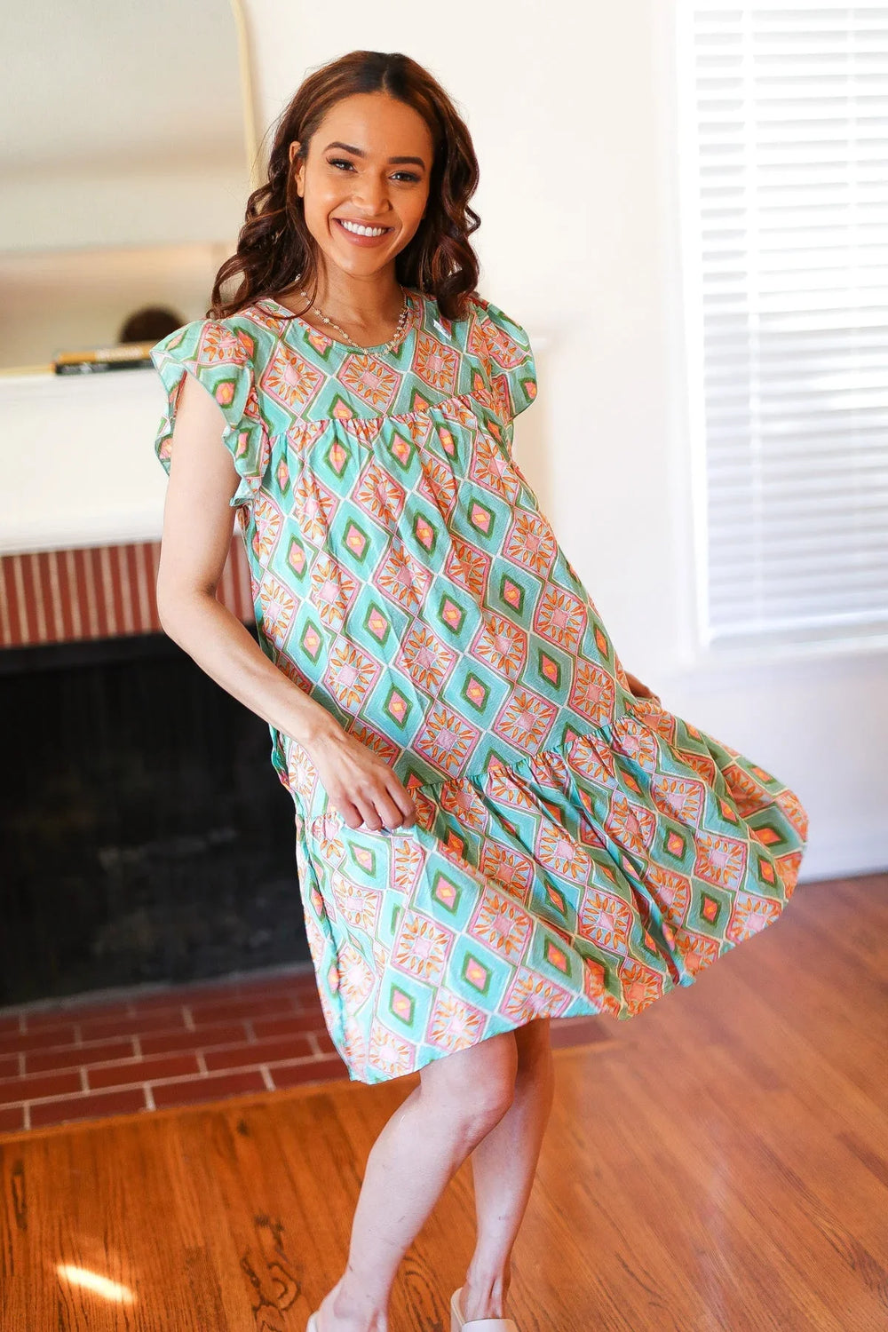 Mint Geo Boho Print Yoke Poplin Woven Dress - Coeur de la Mode
