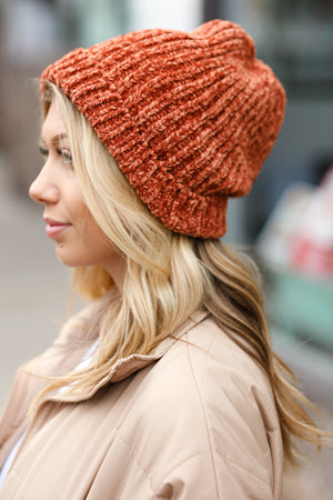 Rust Knit Velvet Chenille Fold Over Beanie - Coeur de la Mode