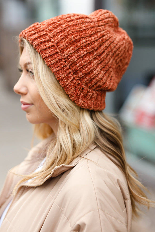 Rust Knit Velvet Chenille Fold Over Beanie - Coeur de la Mode