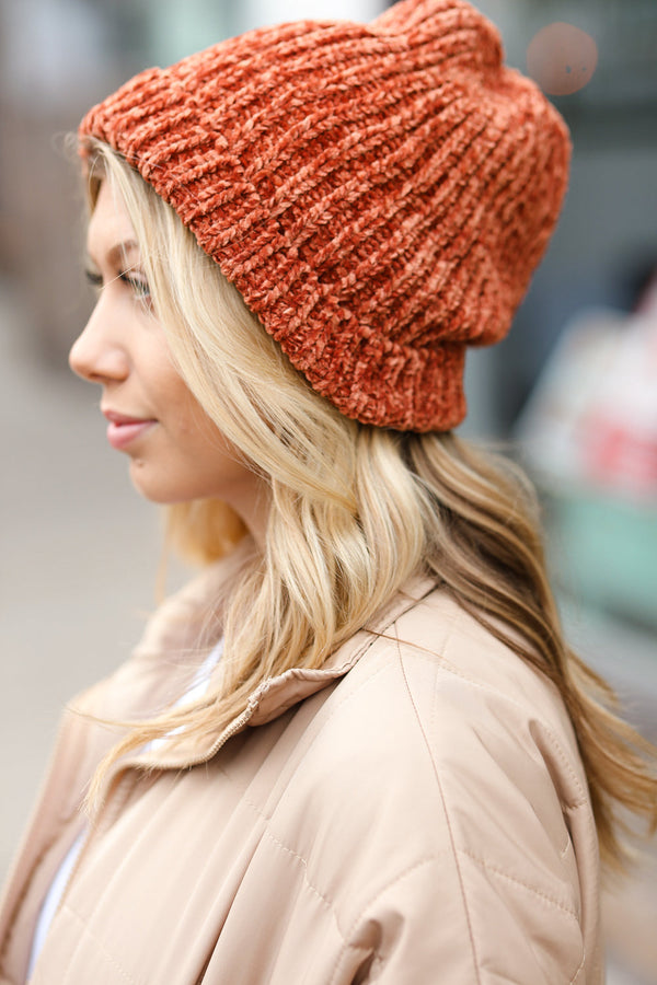 Rust Knit Velvet Chenille Fold Over Beanie - Coeur de la Mode