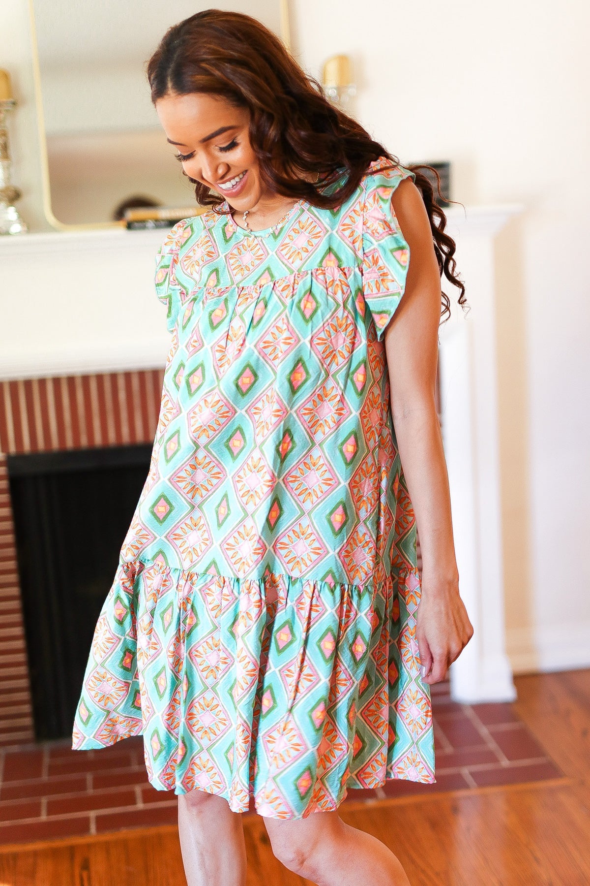 Mint Geo Boho Print Yoke Poplin Woven Dress