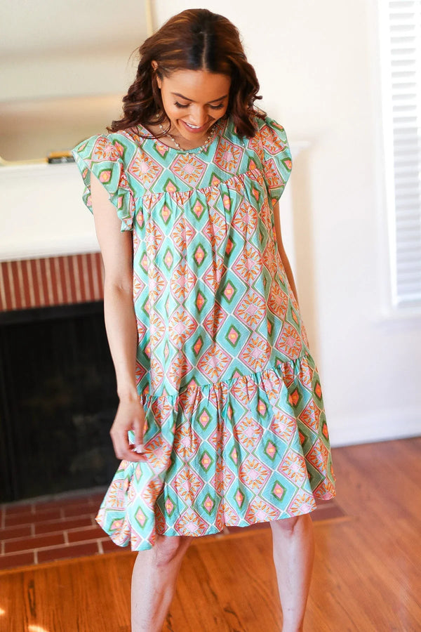 Mint Geo Boho Print Yoke Poplin Woven Dress - Coeur de la Mode
