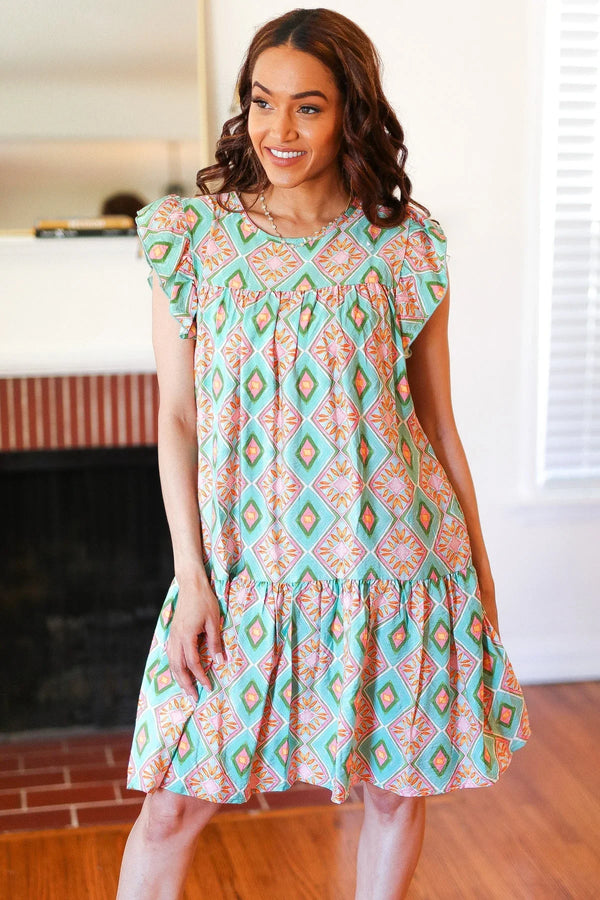 Mint Geo Boho Print Yoke Poplin Woven Dress - Coeur de la Mode