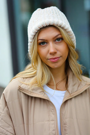 Cream Knit Velvet Chenille Fold Over Beanie - Coeur de la Mode