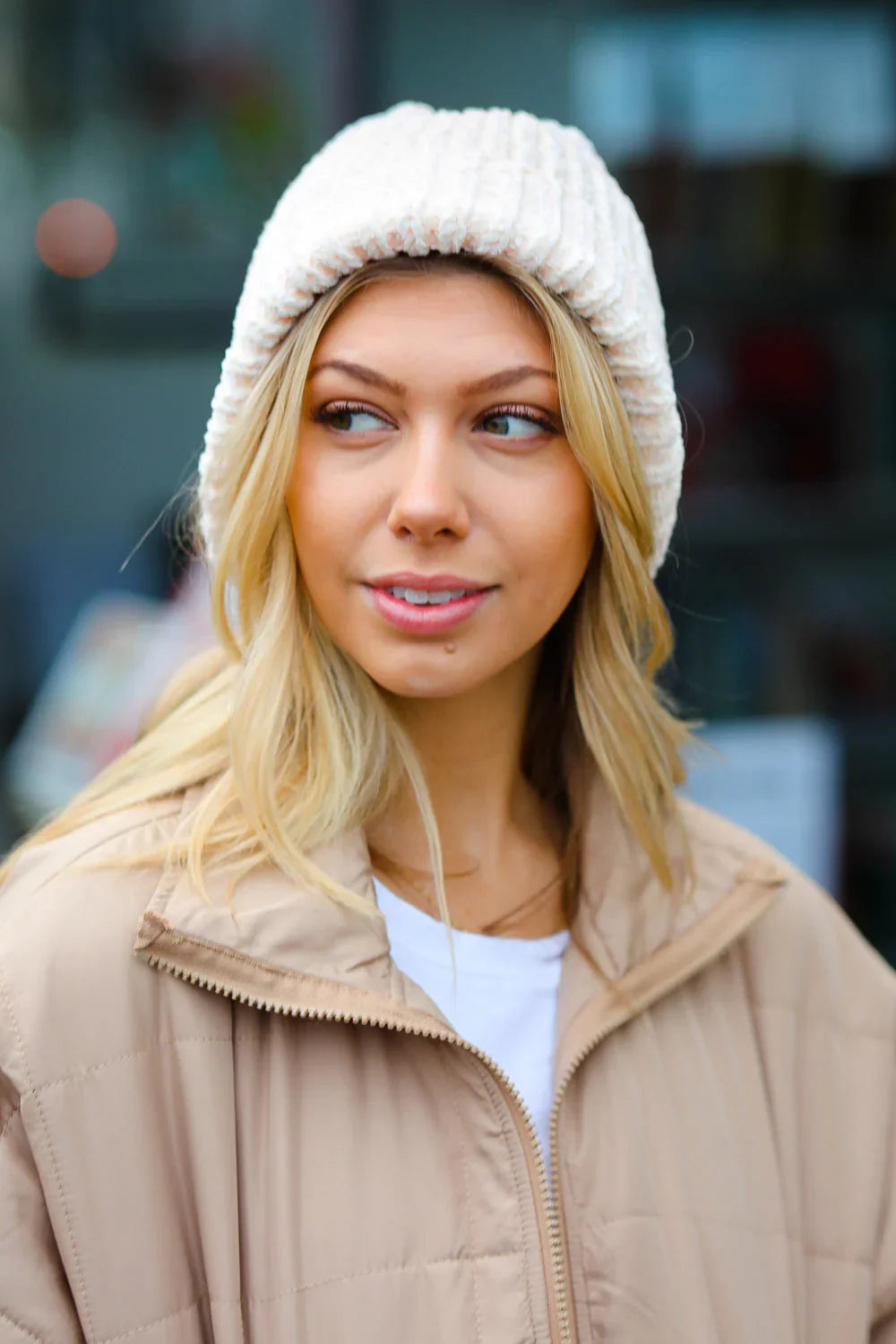 Cream Knit Velvet Chenille Fold Over Beanie - Coeur de la Mode
