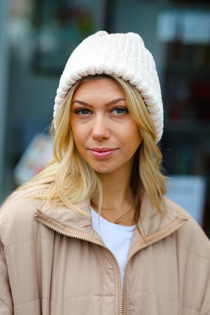 Cream Knit Velvet Chenille Fold Over Beanie - Coeur de la Mode