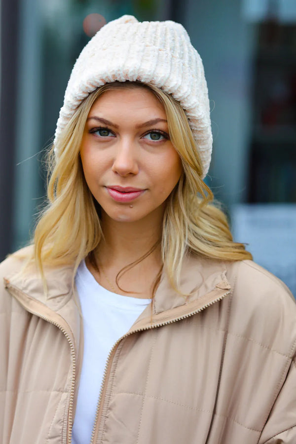 Cream Knit Velvet Chenille Fold Over Beanie - Coeur de la Mode