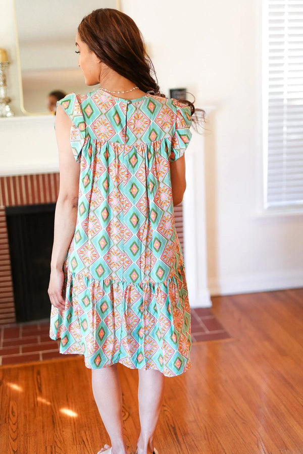 Mint Geo Boho Print Yoke Poplin Woven Dress - Coeur de la Mode