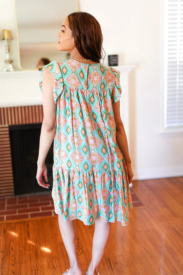 Mint Geo Boho Print Yoke Poplin Woven Dress - Coeur de la Mode