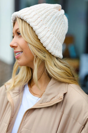 Cream Knit Velvet Chenille Fold Over Beanie - Coeur de la Mode