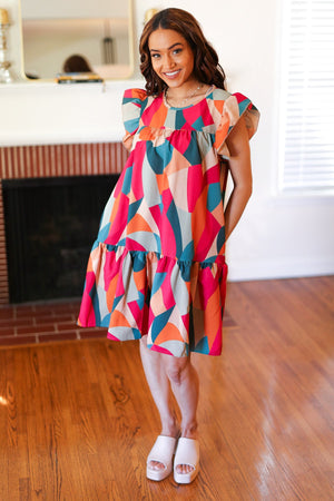 Stand Out Magenta & Teal Geometric Yoke Woven Dress - Coeur de la Mode