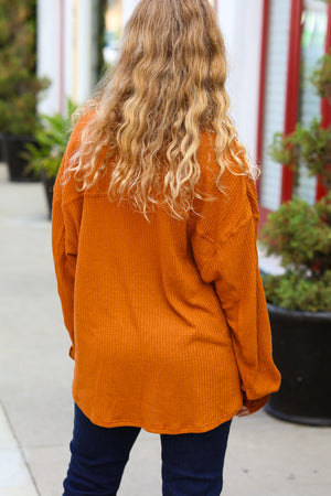 Rust Waffle Button Down Oversized Shacket - Coeur de la Mode