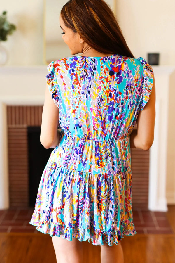 Just for Fun Aqua Floral V Neck Ruffle Sleeve & Hem Dress - Coeur de la Mode