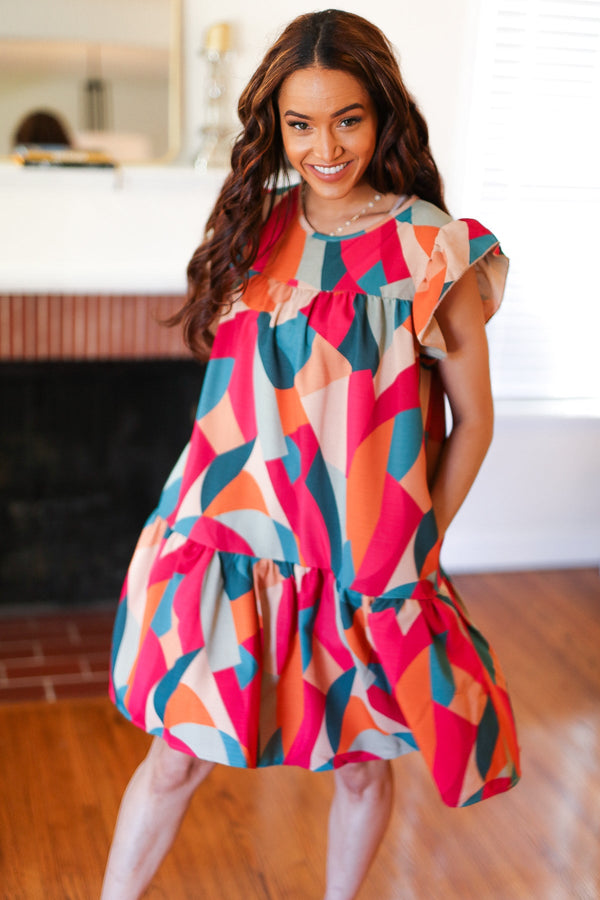 Stand Out Magenta & Teal Geometric Yoke Woven Dress - Coeur de la Mode