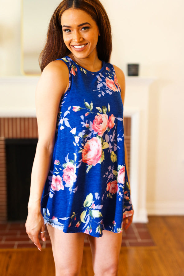 Sunny Days Navy Blue Floral Print Sleeveless Top - Coeur de la Mode