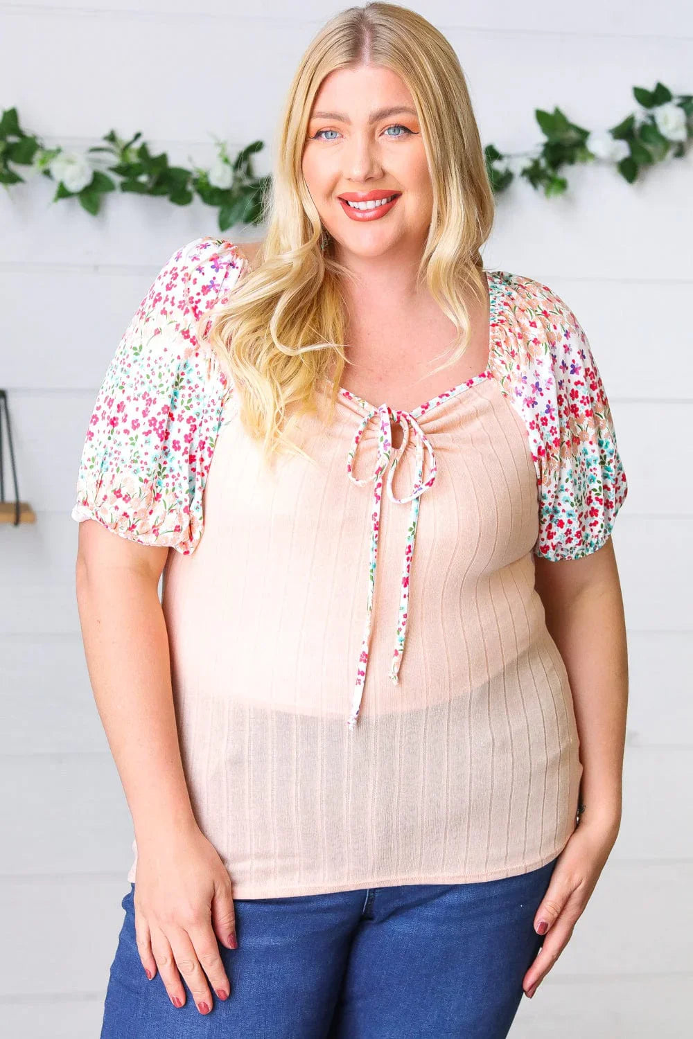 Peach & Floral Tie Neck Bubble Sleeve Top - Coeur de la Mode
