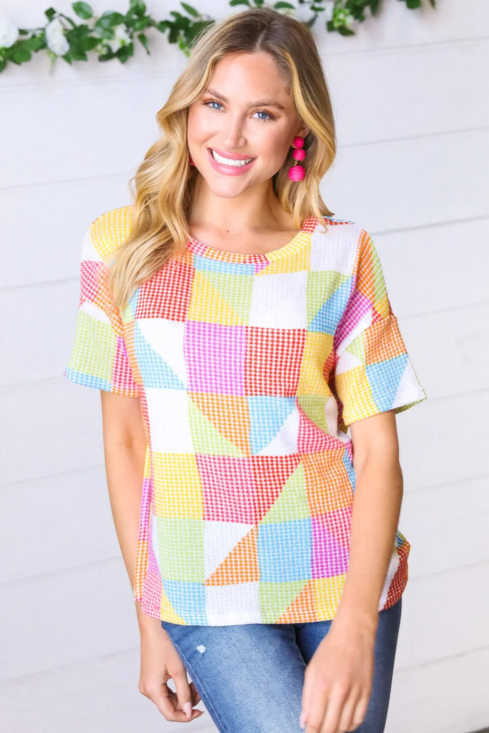 Multicolor Geometric Textured Knit Top - Coeur de la Mode