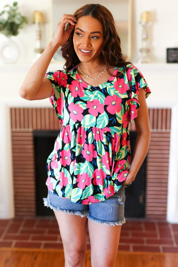 Black & Pink Floral Ruffle Short Sleeve Babydoll Top - Coeur de la Mode