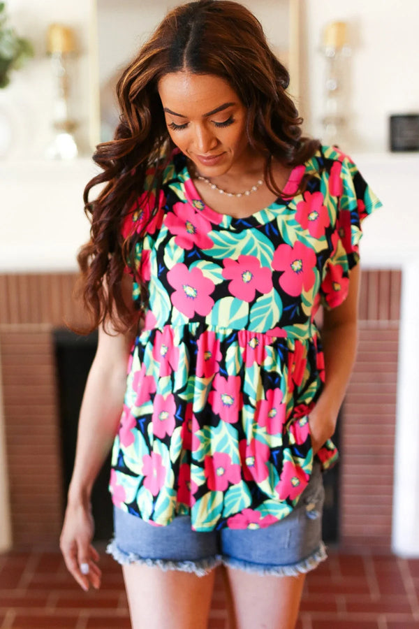 Black & Pink Floral Ruffle Short Sleeve Babydoll Top - Coeur de la Mode
