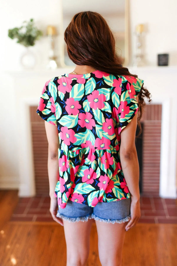 Black & Pink Floral Ruffle Short Sleeve Babydoll Top - Coeur de la Mode