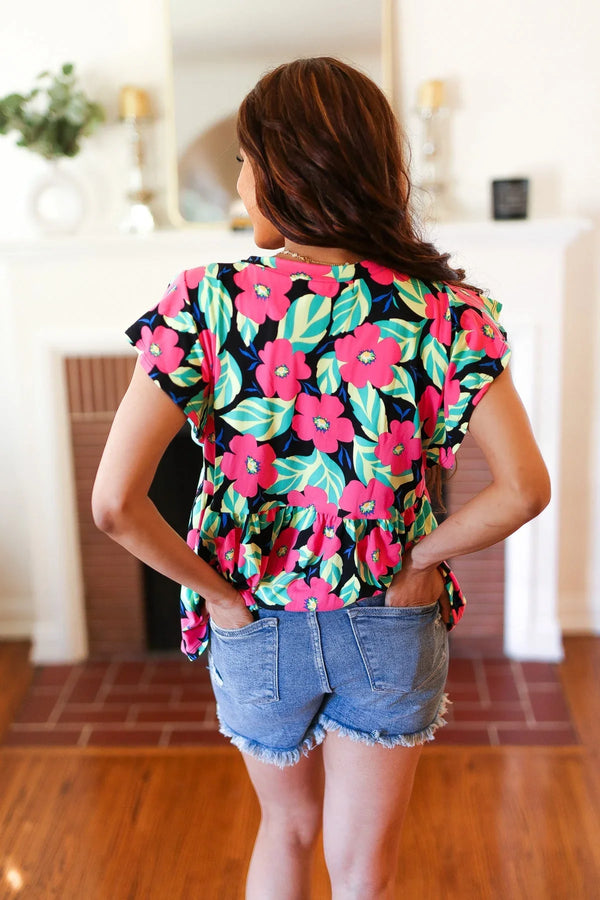 Black & Pink Floral Ruffle Short Sleeve Babydoll Top - Coeur de la Mode