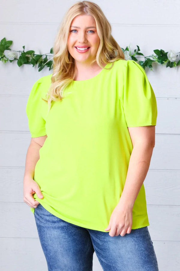 Neon Green Round Neck Puff Sleeve Crepe Top - Coeur de la Mode