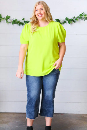 Neon Green Round Neck Puff Sleeve Crepe Top - Coeur de la Mode