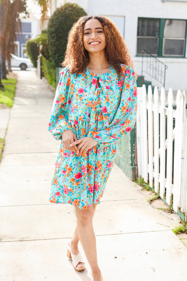 Feeling Femme Aqua Floral Ribbon Bow Tie Babydoll Dress - Coeur de la Mode