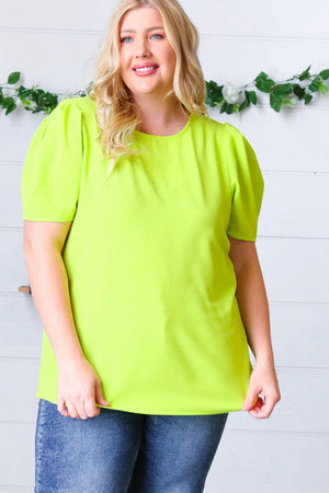 Neon Green Round Neck Puff Sleeve Crepe Top - Coeur de la Mode
