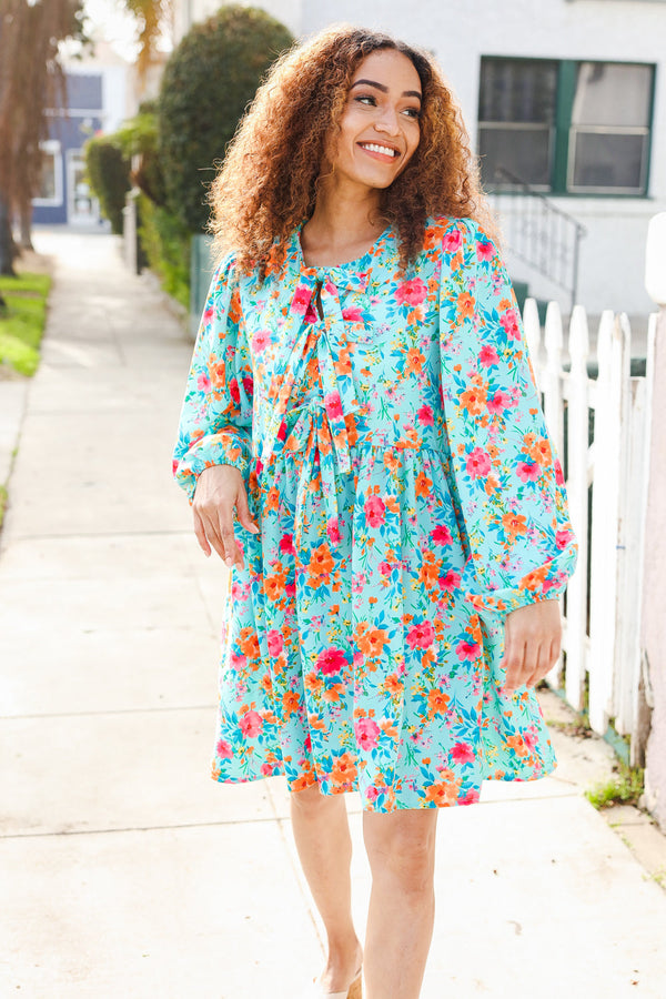 Feeling Femme Aqua Floral Ribbon Bow Tie Babydoll Dress - Coeur de la Mode