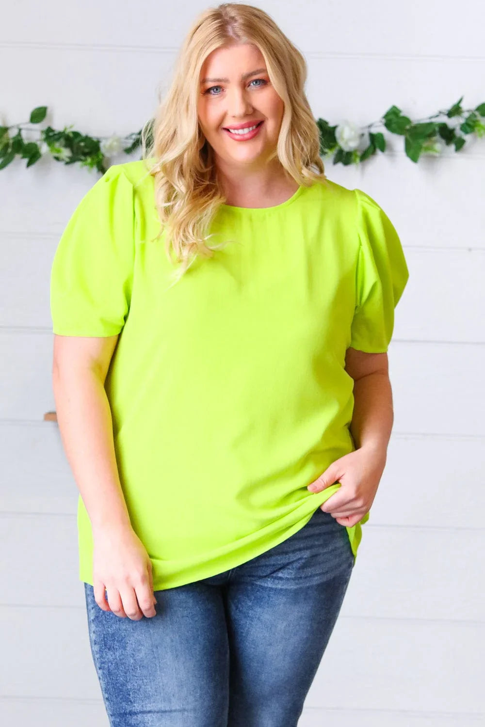 Neon Green Round Neck Puff Sleeve Crepe Top - Coeur de la Mode
