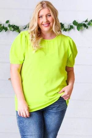 Neon Green Round Neck Puff Sleeve Crepe Top - Coeur de la Mode