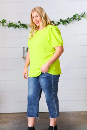 Neon Green Round Neck Puff Sleeve Crepe Top - Coeur de la Mode