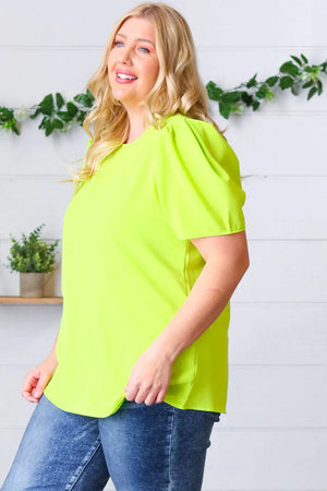 Neon Green Round Neck Puff Sleeve Crepe Top - Coeur de la Mode