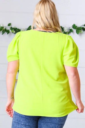 Neon Green Round Neck Puff Sleeve Crepe Top - Coeur de la Mode