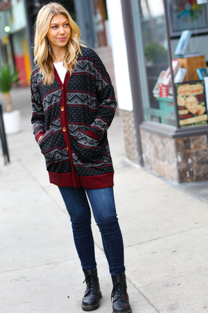 Classic Burgundy Holiday Print Button Cardigan - Coeur de la Mode
