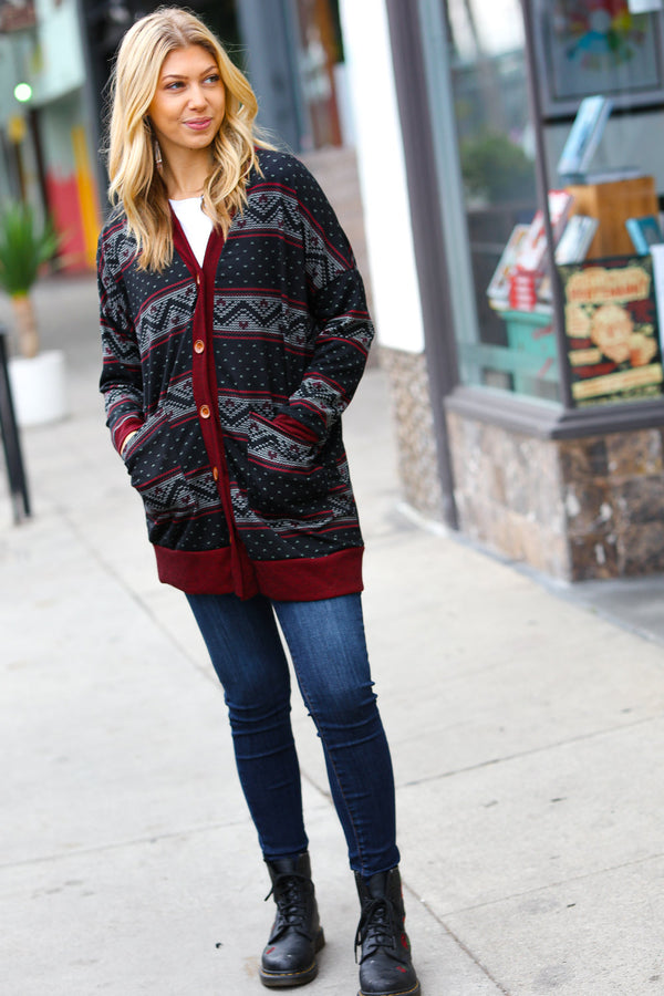 Classic Burgundy Holiday Print Button Cardigan - Coeur de la Mode