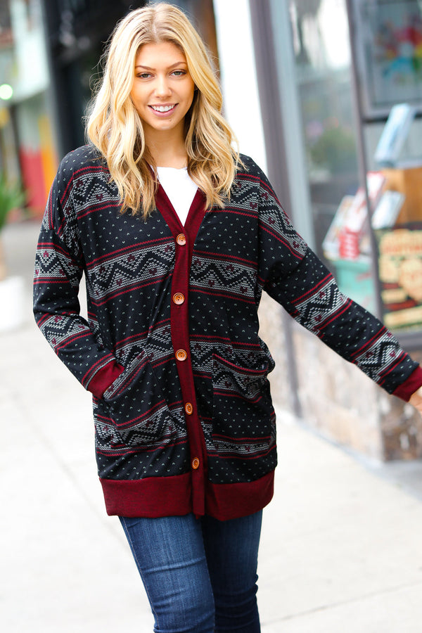 Classic Burgundy Holiday Print Button Cardigan - Coeur de la Mode