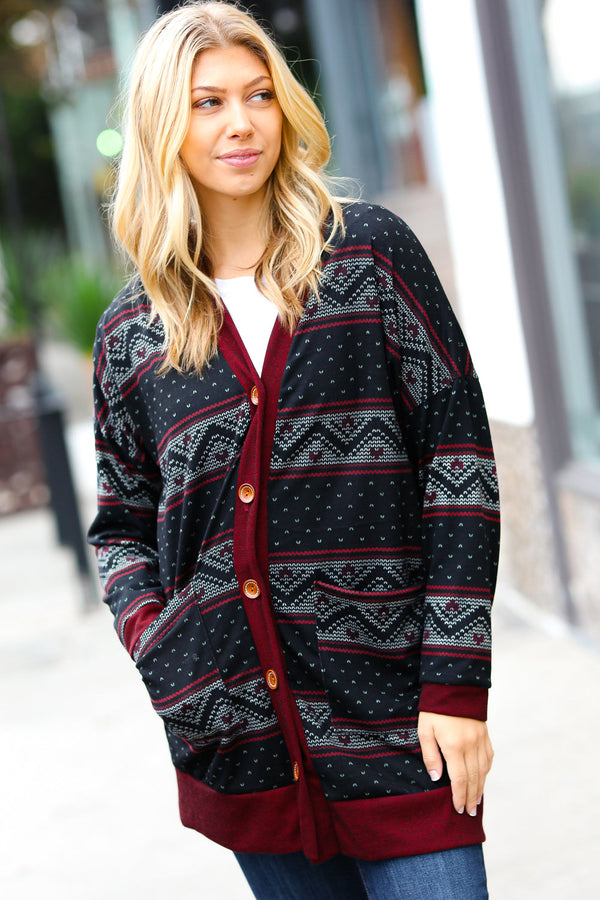 Classic Burgundy Holiday Print Button Cardigan - Coeur de la Mode