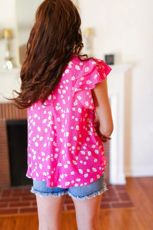 Hot Pink Floral Mock Neck Double Flutter Sleeve Top - Coeur de la Mode