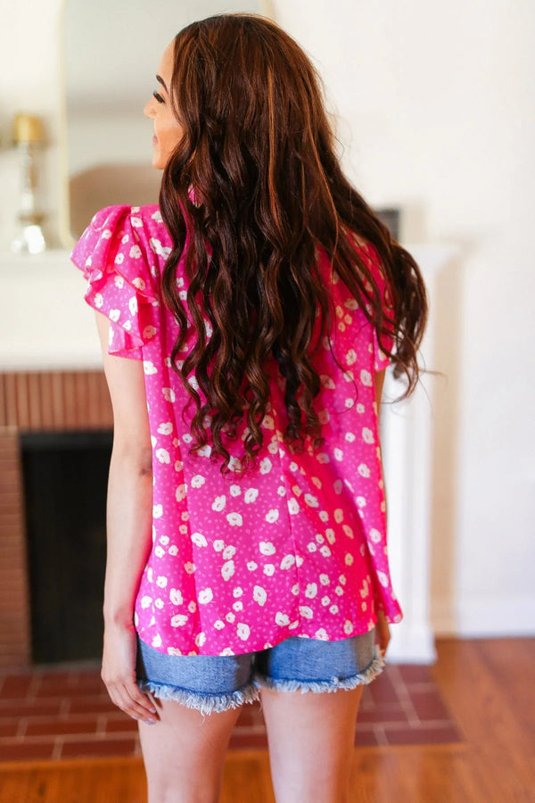 Hot Pink Floral Mock Neck Double Flutter Sleeve Top - Coeur de la Mode