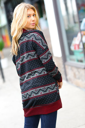 Classic Burgundy Holiday Print Button Cardigan - Coeur de la Mode