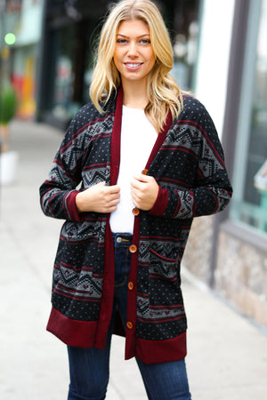 Classic Burgundy Holiday Print Button Cardigan - Coeur de la Mode